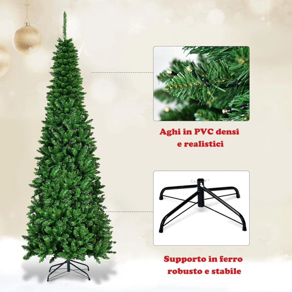 Albero di Natale 135/200/225 cm, Albero di Natale Slim con 150/250/350 Luci a LED Calde, 226/708/1085 Rami Folti e Base di Metallo, Albero di Natale con Luci Incorporate per Festa (200 cm)