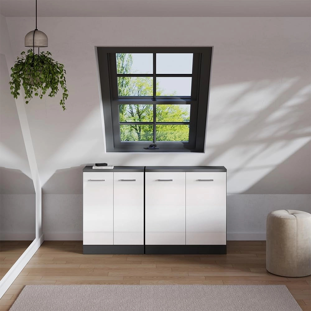 Set di mobili sottotetto Rion, Bianco lucido, 140 cm Set di 2 carcasse armadio profondità 60 cm, adatto per il salvaspazio sotto tetti spioventi
