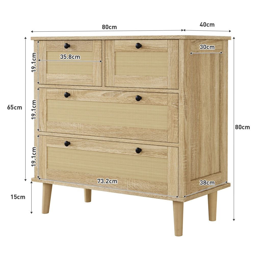 Chest of drawers with four rattan drawers - Zephmum- Solid wood legs