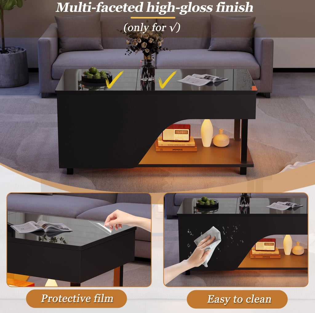 Tavolino da soggiorno regolabile in altezza 50 x 100 x 46 cm; con LED; vano contenitore; nero