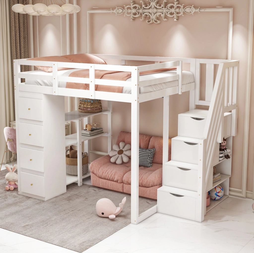 Letto a soppalco 140 x 200 cm bianco con cassetti e scaffale