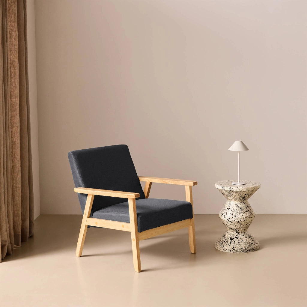 Poltrona scandinava in legno e tessuto, grigio scuro