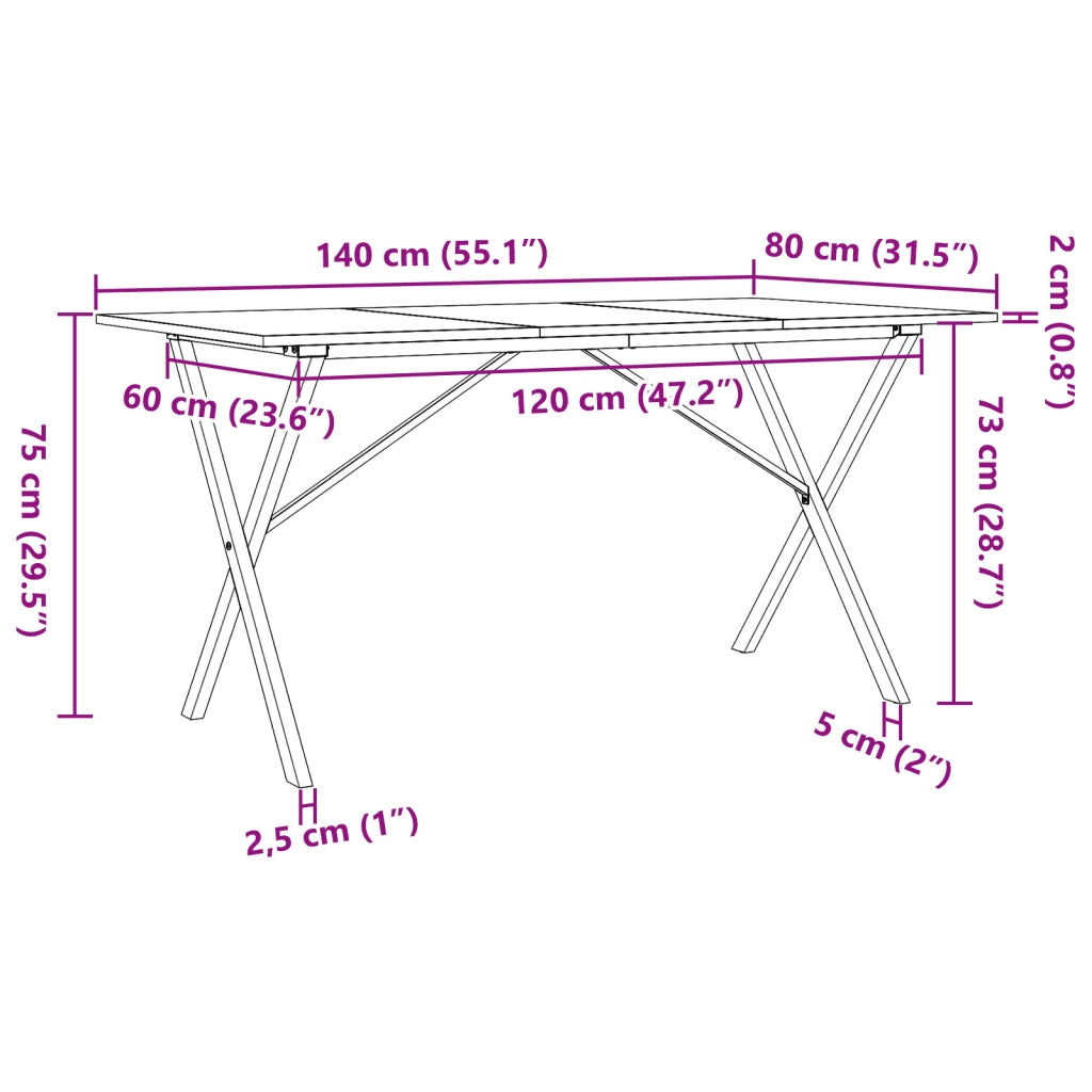 Tavolo da Pranzo Telaio a X 140x80x75 cm Legno Pino e Acciaio