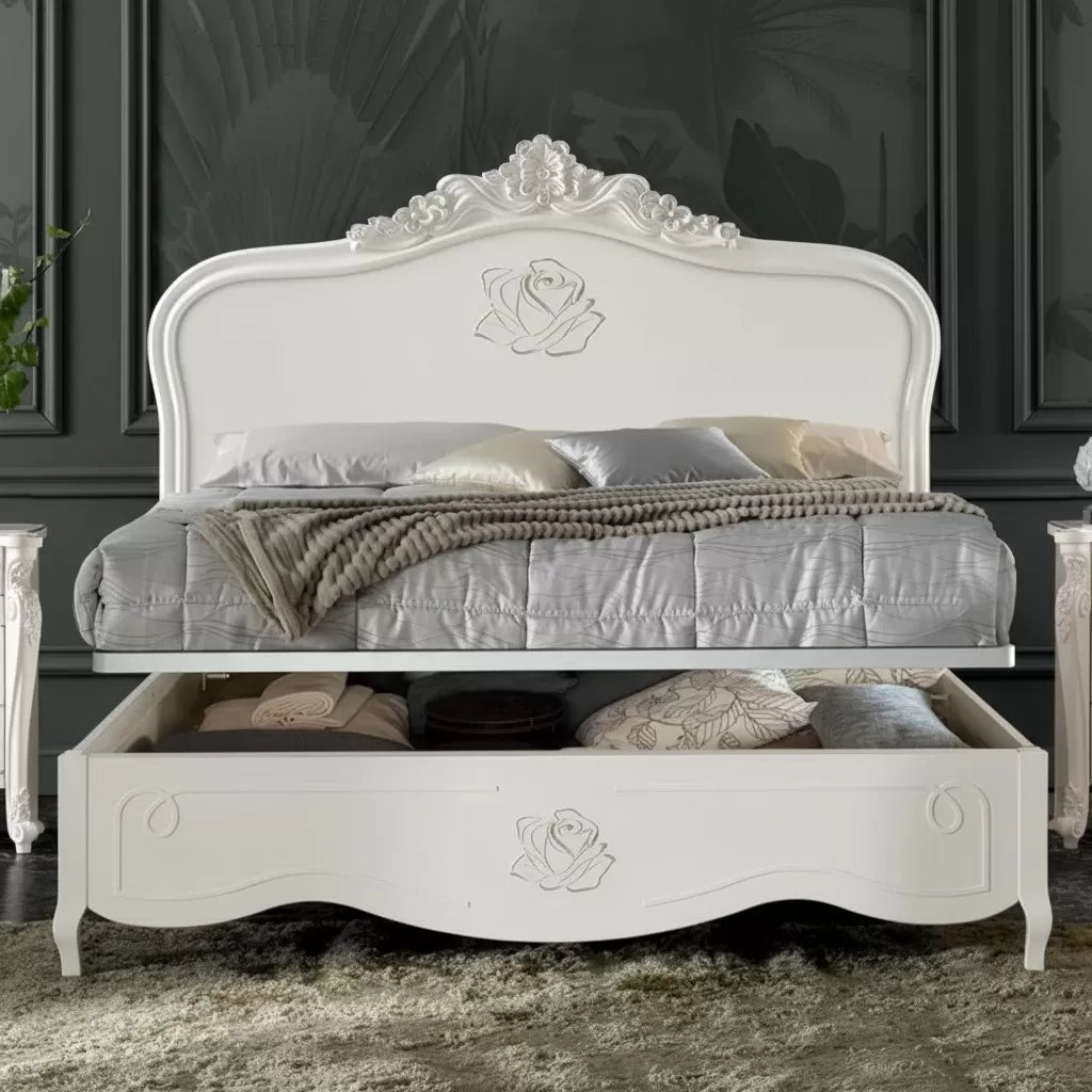 Letto matrimoniale barocco con contenitore decoro rosa 182x212x156 (2134) - Mobili 2G