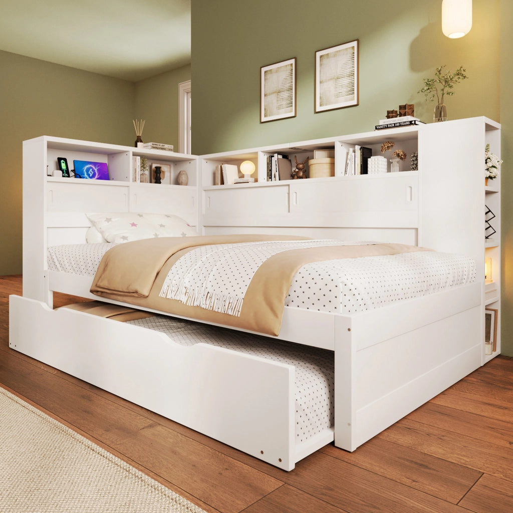 Letto singolo 90 × 200 cm con letto estraibile, contenitore con USB, senza materasso, bianco