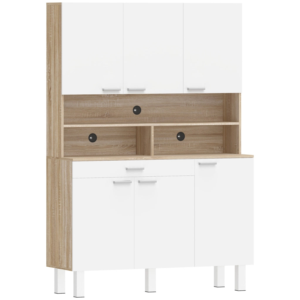 Credenza da cucina con 4 ante, cassetto e ripiano aperto, in truciolare e metallo, bianco naturale, 120 × 40 × 175 cm