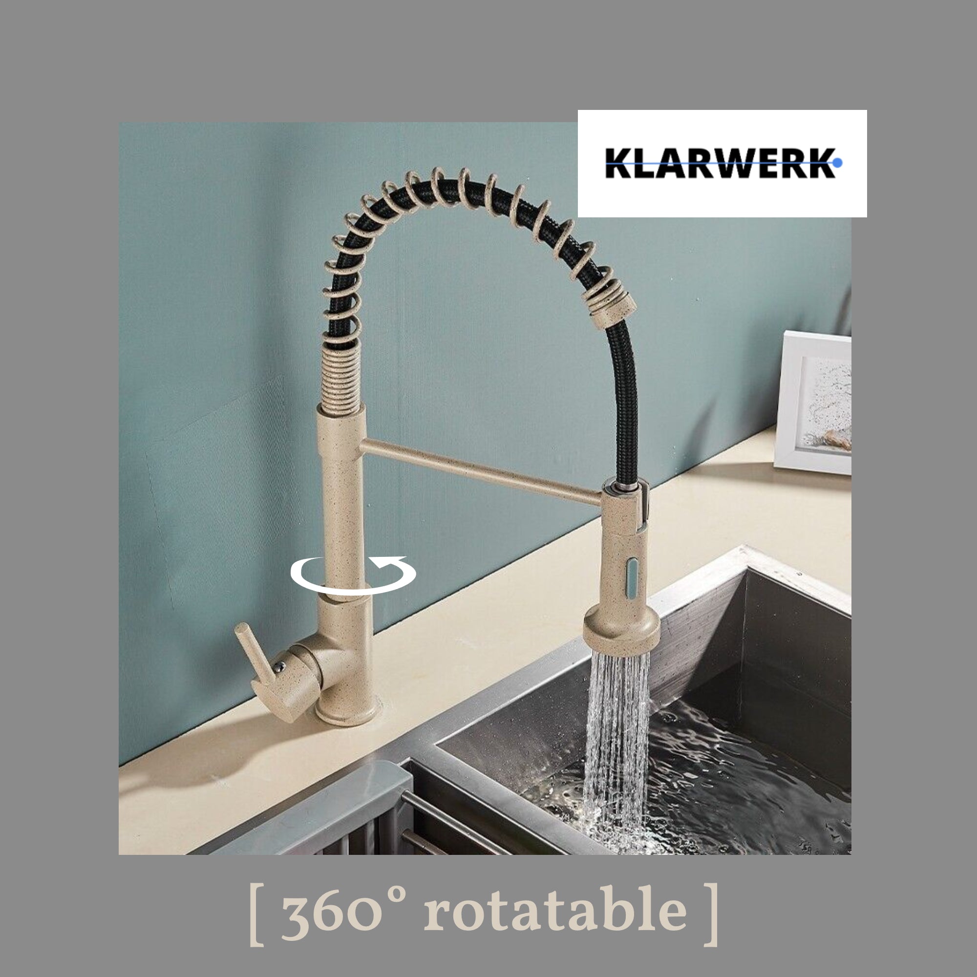 BERND | Rubinetto girevole beige da cucina in acciaio inossidabile |Miscelatore professionale girevole a 360 gradi con doccia | Alta pressione 2 porte