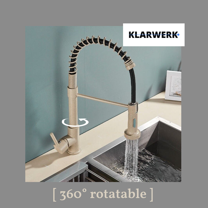 BERND | Rubinetto girevole beige da cucina in acciaio inossidabile |Miscelatore professionale girevole a 360 gradi con doccia | Alta pressione 2 porte