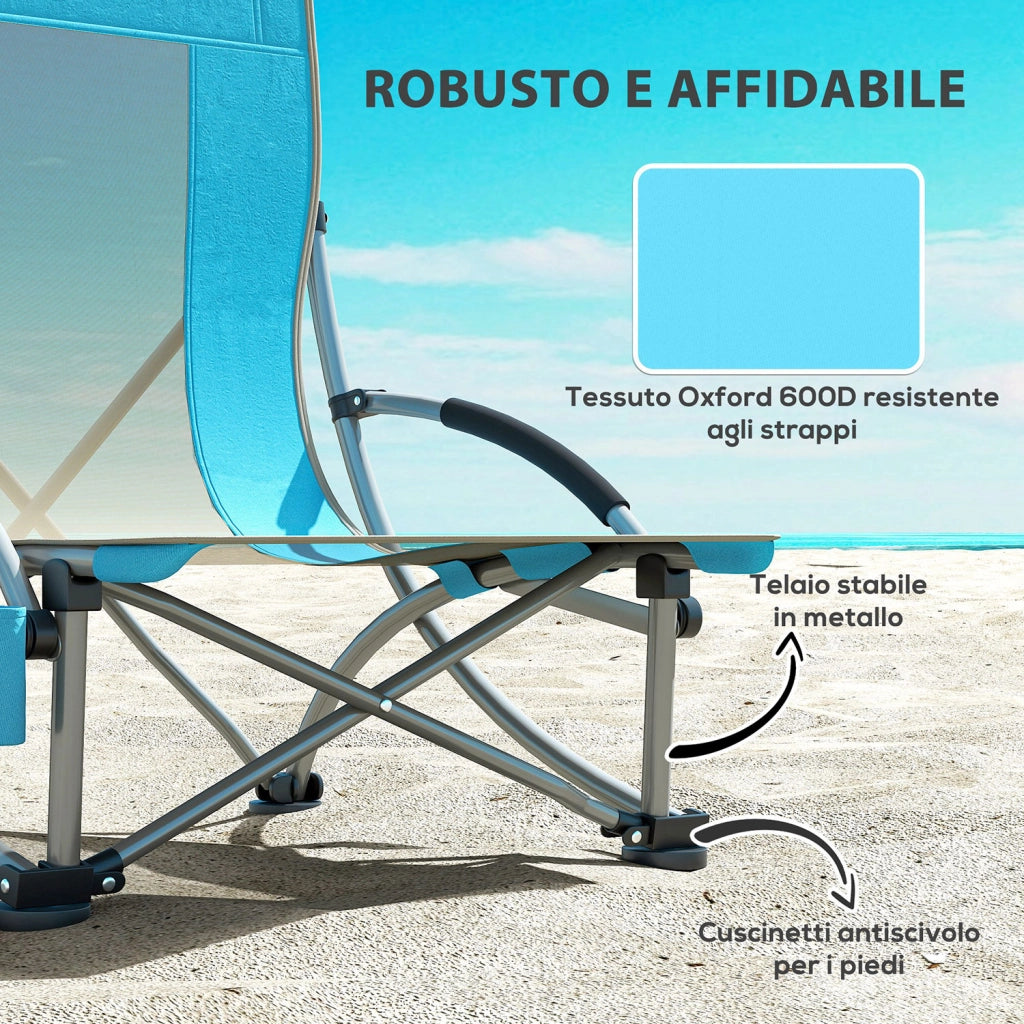 Set 2 Sedie da Spiaggia e Campeggio in Tessuto Pieghevoli con Braccioli con Borsa di Trasporto Blu