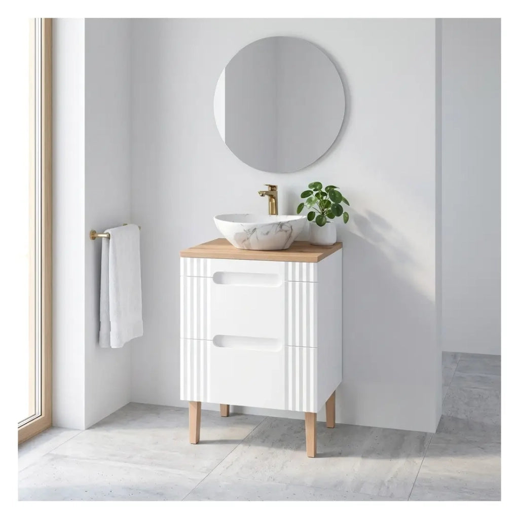 Set bagno FIDJI: mobile sotto lavabo 60cm + piano per lavabo + lavabo ovale asimmetrico da appoggio + piedi