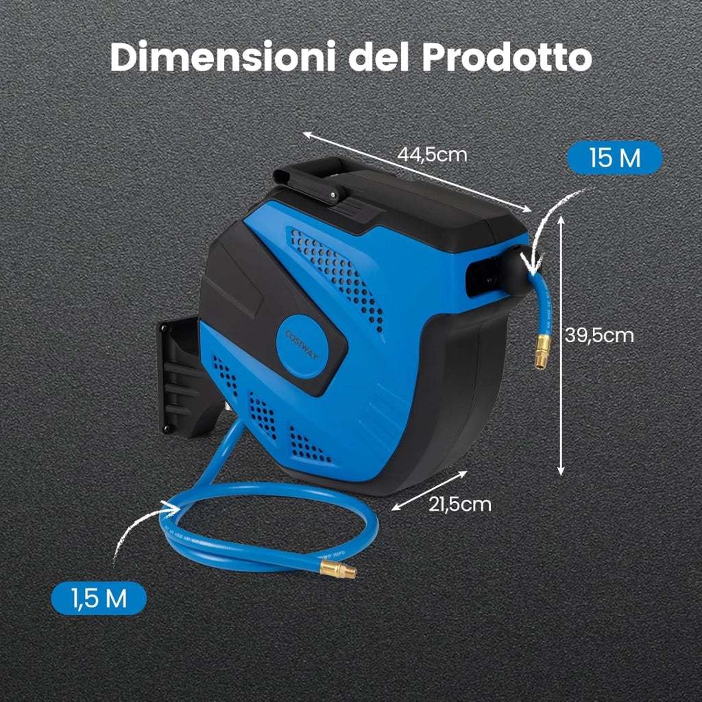 Avvolgitubo Aria Compressa da Parete, Tubo Aria Ibrido da 15 M con Tubo di Alimentazione da 1,5 M, Supporto Girevole a 180°, Avvolgitubo Automatico Retrattile per Garage e Officina