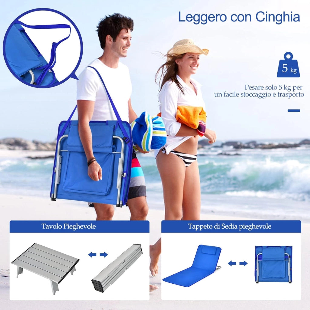 Set 2 Sdraio da Spiaggia con Tavolino, Tappettino Spiaggia Pieghevole con Schienale Reclinabile, Poggiatesta e Tasca Posteriore, Portatile con Manico, per Giardino e Campeggio (Blu)