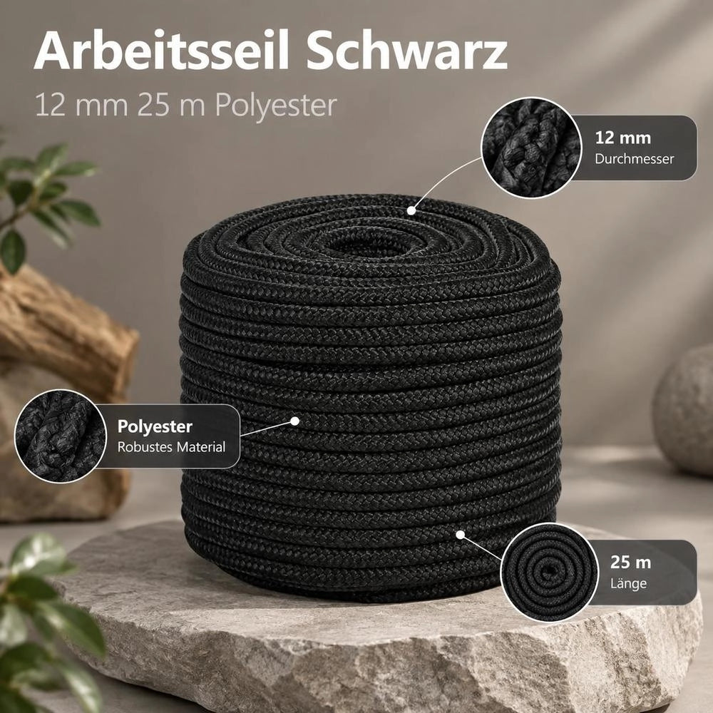 Black Work Rope, 12 Mm, 25 M, Polyester