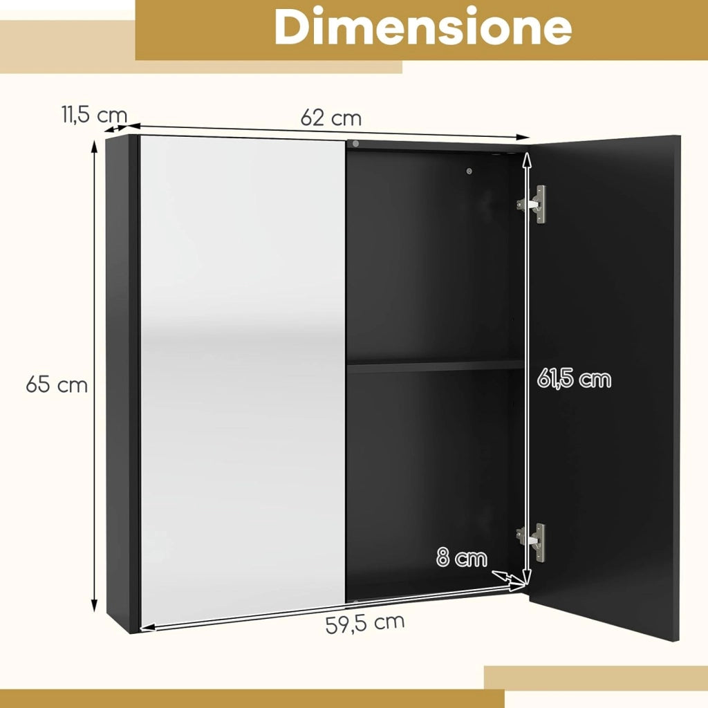 Armadietto da Bagno con Specchio a 2 Ante, Mobiletto da Parete Pensile con Mensola Regolabile, Mobile Bagno Sospeso con Specchiera 65 x 62 x 11 cm (Nero)