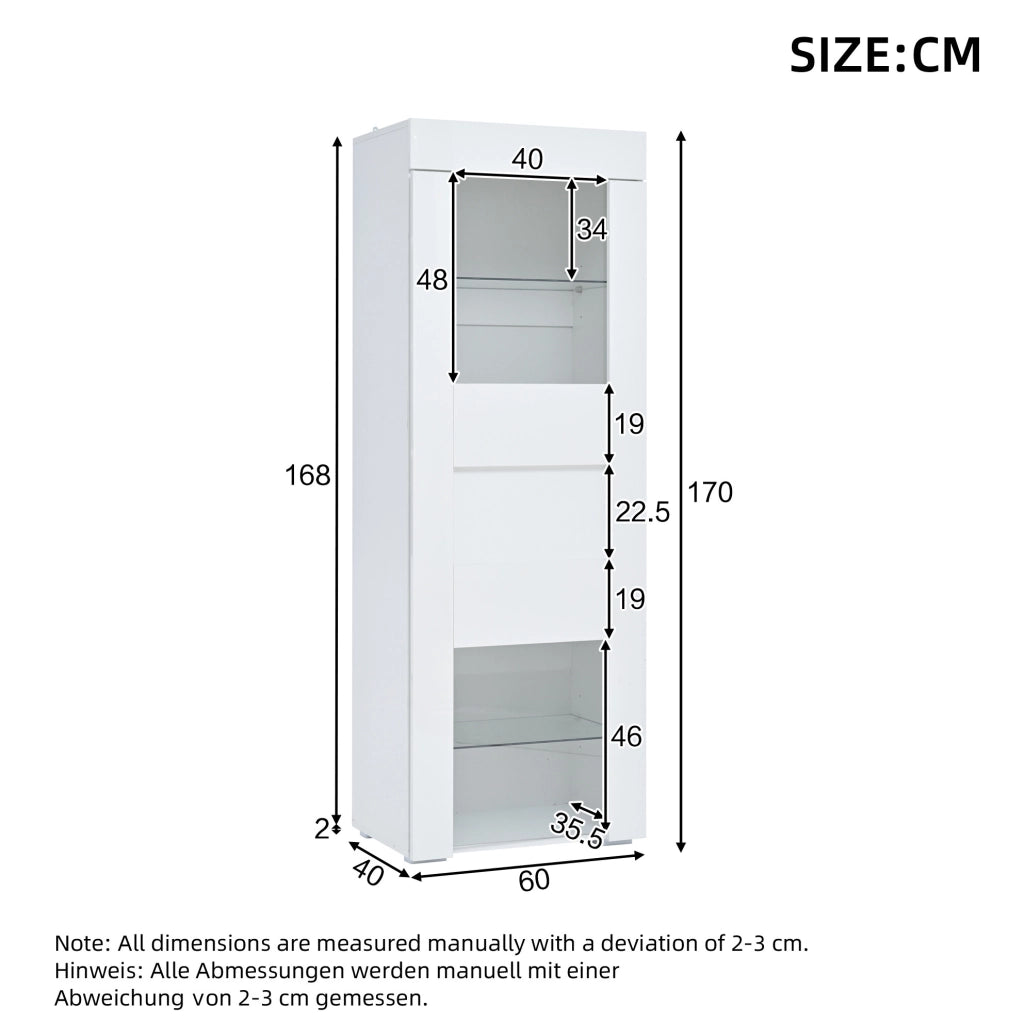 Vetrina 60x40x170 cm con LED USB e ripiani regolabili in MDF; bianca