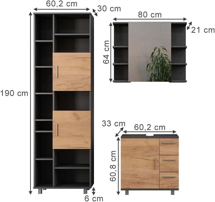 Set di mobili da bagno Ilias, Antracite/quercia dorata, 60.2 cm, composto da mobile sottolavabo, specchiera e colonna alta