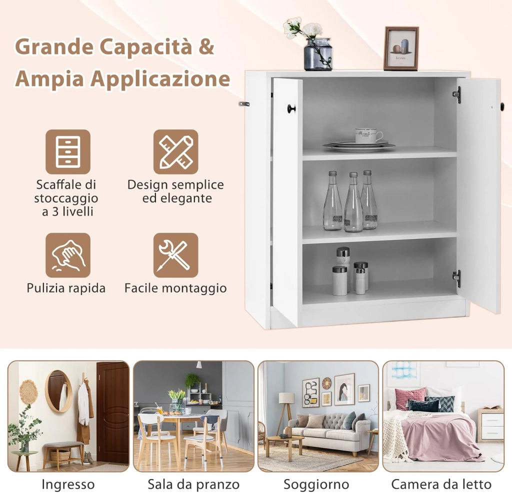 Armadietto da 2 Ante, Mobile da Pavimento con Ripiani a 3 Livelli e Dispositivo Anti-Ribaltamento, per Soggiorno, Sala da Pranzo e Ingresso, 72 x 34 x 85,5 cm (Bianco)