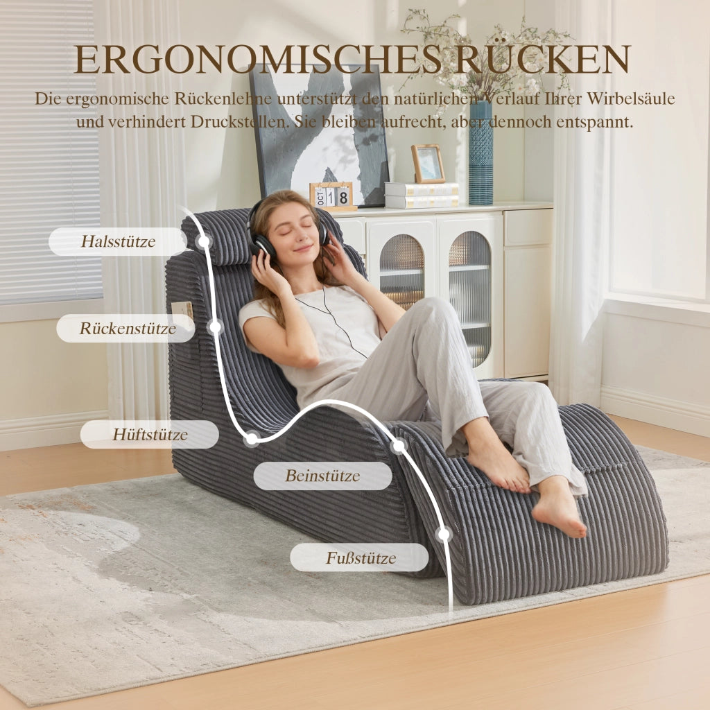 Poltrona relax ergonomica con tasca laterale e cuscino rimovibile design compatto in velluto a coste grigio scuro