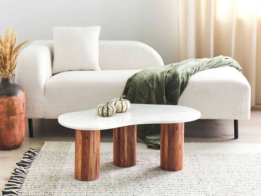 Tavolino da caffè moderno con piano in marmo bianco e gambe rotonde in legno d'acacia soggiorno contemporaneo