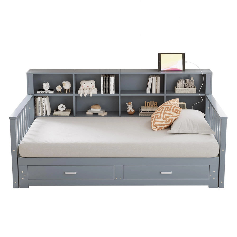 Divano letto estensibile 90/180x190cm - Xylo - grigio, 2 cassetti, doghe