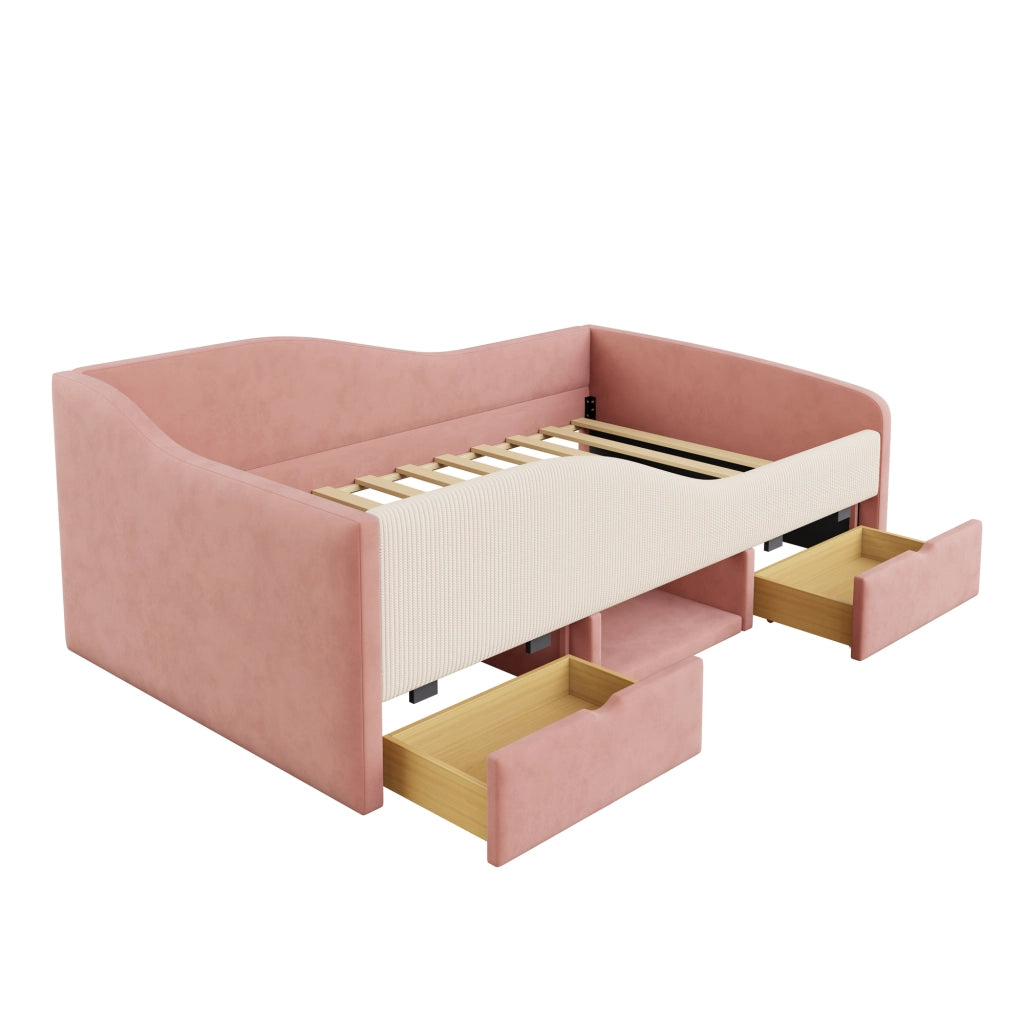 Letto per bambini 90 × 190 cm con 2 cassetti, vano aperto, scomparto scarpe e sbarre di sicurezza, senza materasso, rosa