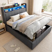 Letto matrimoniale imbottito 140x200 cm con LED, USB e vano contenitore idraulico, grigio