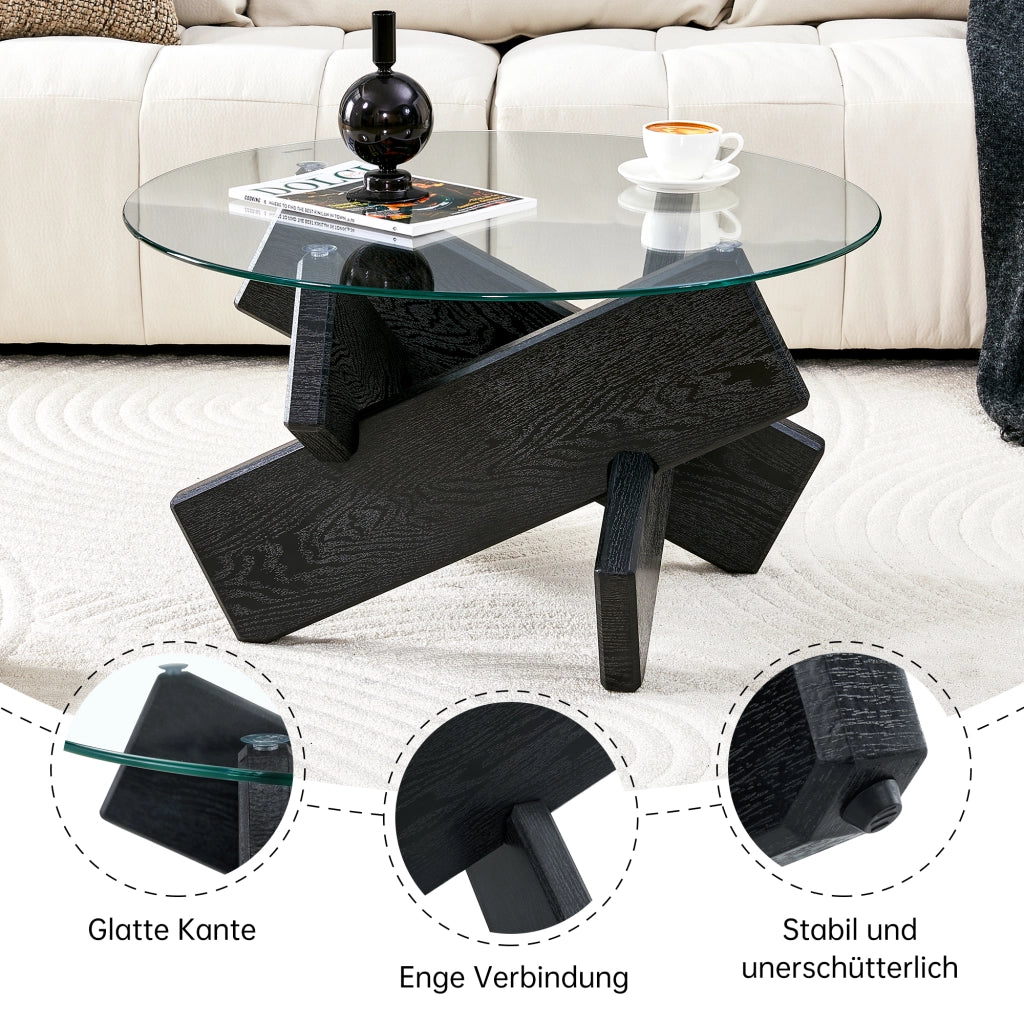 Tavolino da caffè rotondo con base incrociata in MDF e vetro - per soggiorno - 79 cm - nero