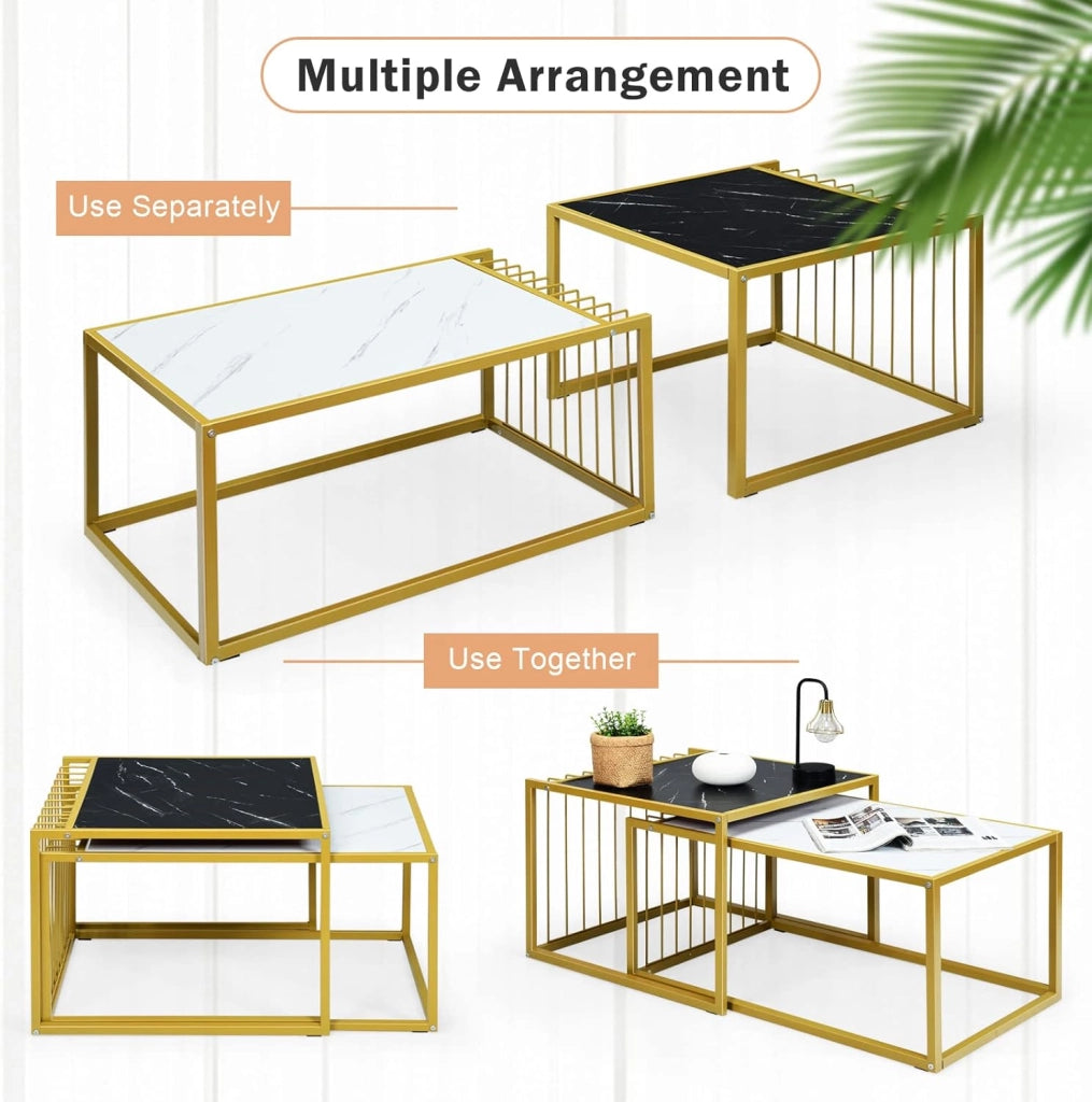 Set con 2 Tavolini Rettangolari in Legno e Acciaio, Tavolini Sovrapponibili e Bassi con Misure Diverse, Ideale per Soggiorno, Camera da Letto e Ufficio, con Carico Massimo di 50 kg