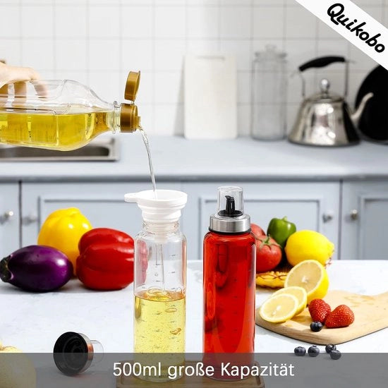 Set di due flaconi di olio 500 ml con dispenser e scala graduata, flessa in vetro ultraduro con grande capacità