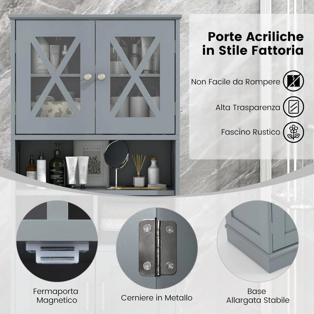 Mobile Bagno, Armadietto Salvaspazio con Porte in Acrilico, Ripiani Regolabili e Ampio Scomparto, Armadio da Terra in Legno per Soggiorno, Camera da Letto, Salotto e Cucina (Grigio)
