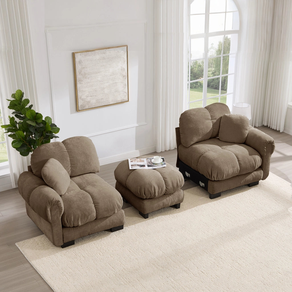 Divano angolare modulare in chenille con cuscini trapuntati e pouf mobile per soggiorno marrone 190 × 149 × 90 cm