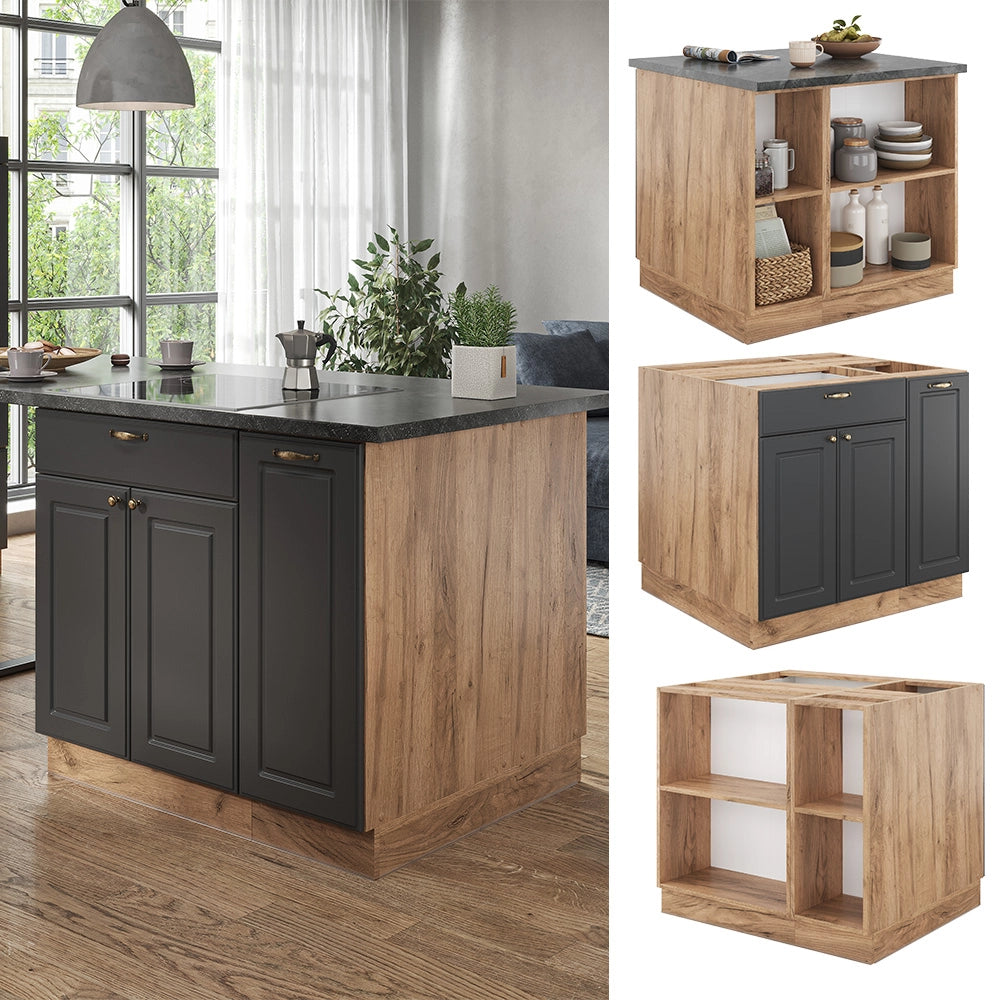 Isola cucina Fame-Line Antracite rustico/Rovere dorato 90 cm con cassetto, senza piano di lavoro Vicco