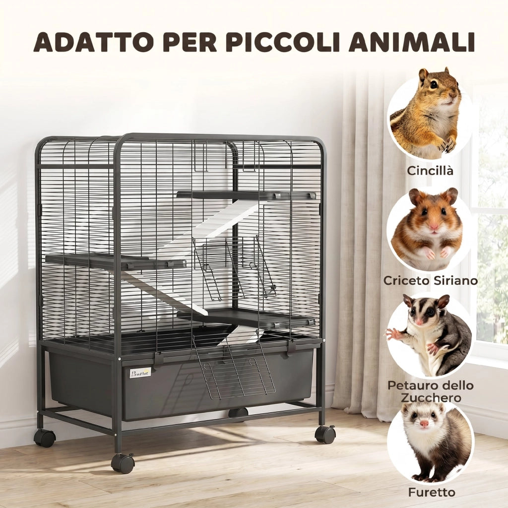 Gabbia per Conigli 75x46x94,5 cm a 4 Livelli con Piattaforme Rampe Ruote Serbatoio Acqua e Vassoio Rimovibile in Acciaio