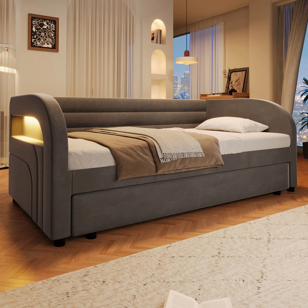 Letto imbottito con letto estraibile e LED ¨C Minimal ¨C Grigio 90x200 cm