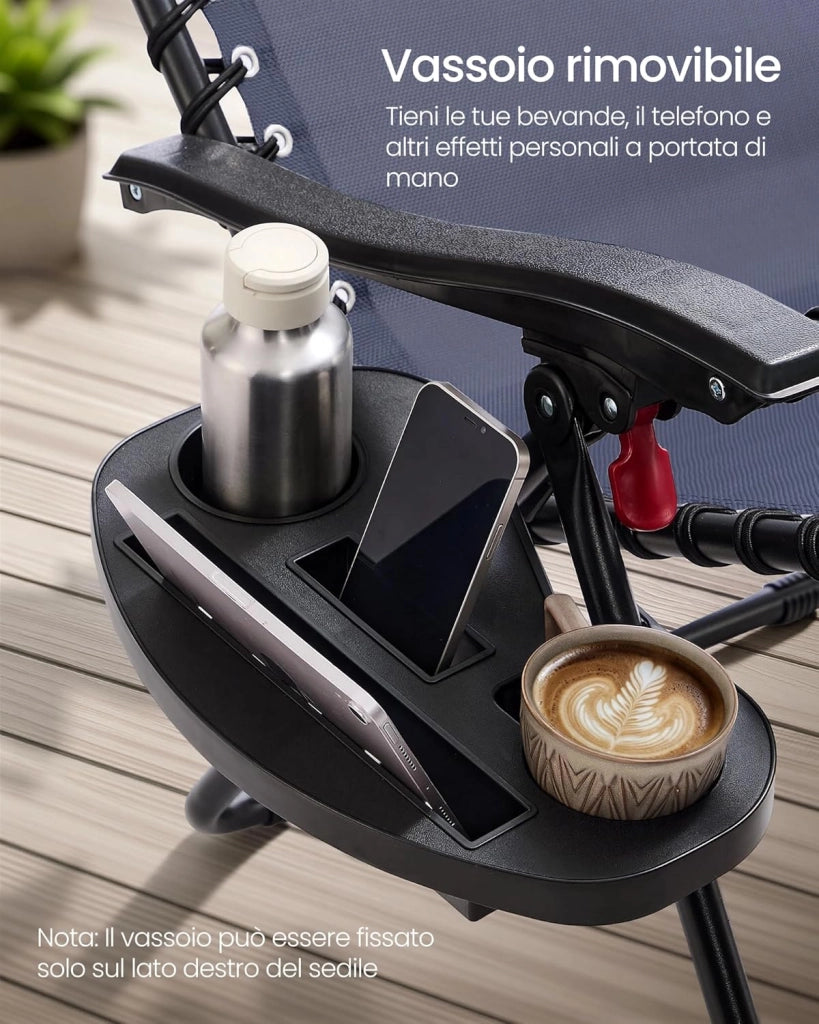 SONGMICS Set da 2 Sedie a Sdraio Pieghevoli, Poltrone a Gravità Zero, Lettini Prendisole Portata 110 kg per Sedia, Poggiatesta Regolabile, Vassoio, per Terrazza e Giardino, Blu Scuro GLB032QZ02