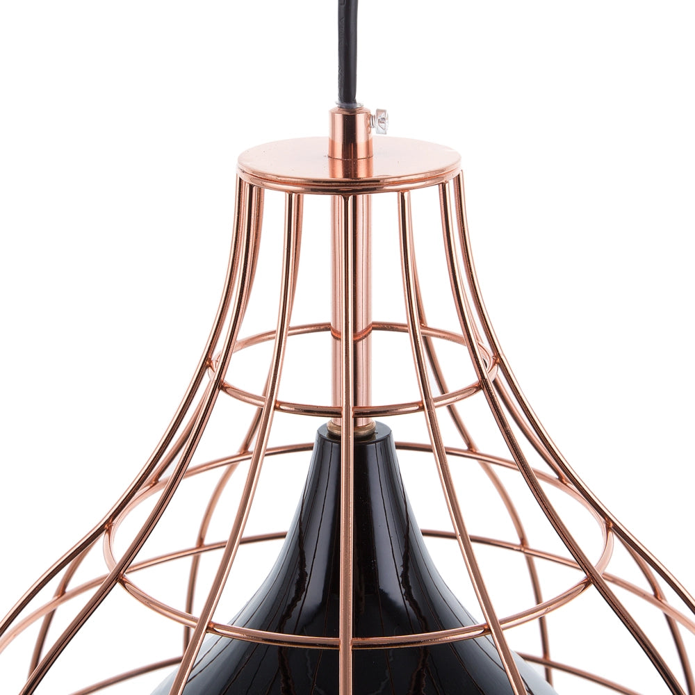 Lampada a sospensione in metallo Nero e rame con paralume a gabbia in rame industriale
