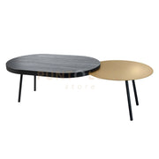 tavolino packtop grande Oro laccato ,base nera ,finitura Wengè in Ferro e MDF impiallacciato wengè 120x50x35Hcm