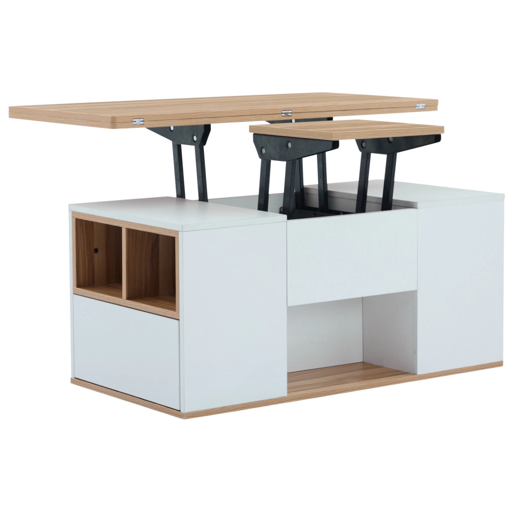 Tavolino da caffè elevabile 100x51x47 cm bianco e legno, 2 cassetti, truciolare,