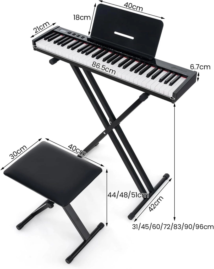 Pianoforte Digitale 61 Tasti Semi-Ponderati, Tastiera Musicale con Supporto e Sgabello, Digial Piano con Tasti Semi-Pesati, Funzione Audio MIDI Wireless, Leggio, Pedale di Sustain e Borsa