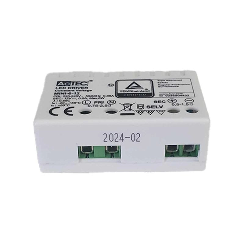 Mini Alimentatore Trasformatore 6W 12V 0,5A IP20 50X32X18,5mm Con Morsetti
