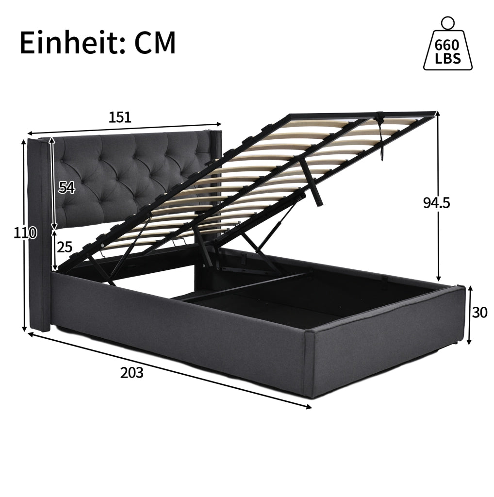 Letto imbottito 140x200 cm con contenitore; rete sollevabile e testiera in cotone grigio