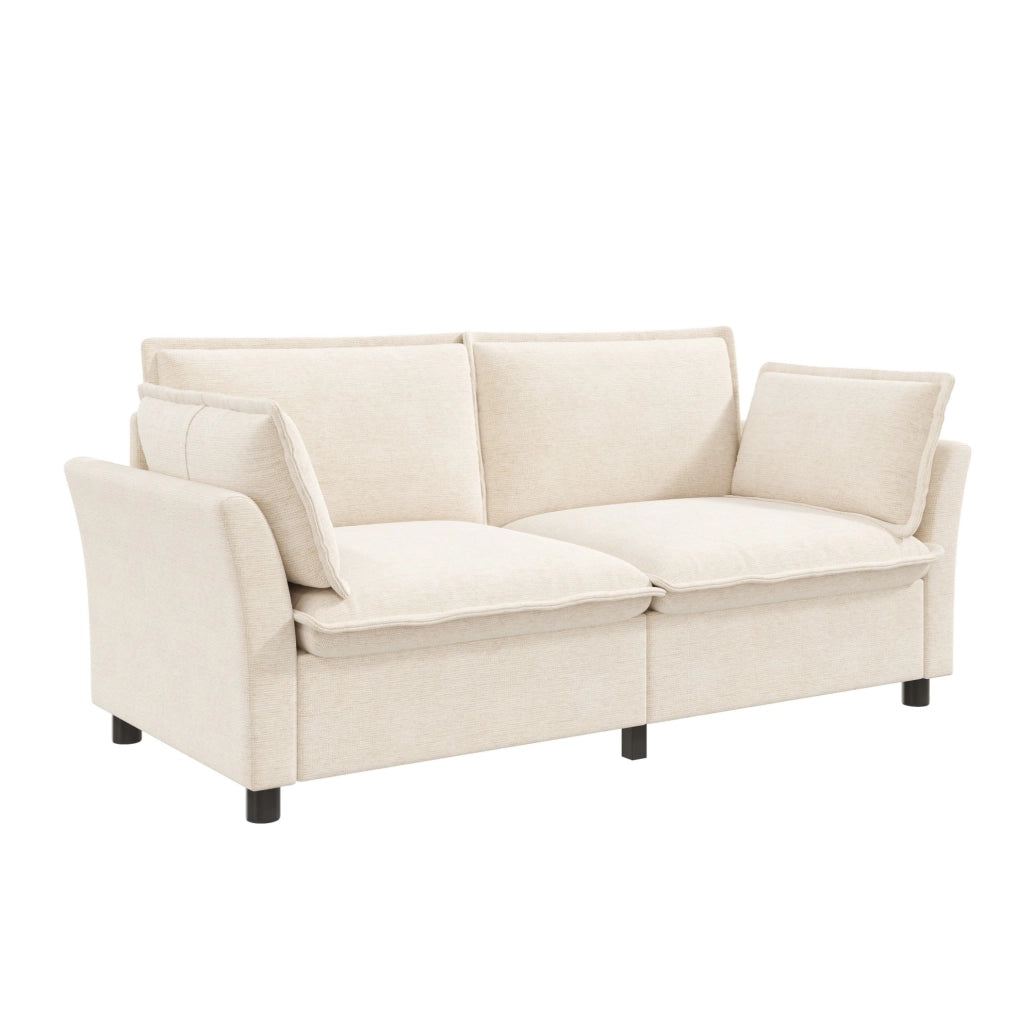Divano 2 posti in ciniglia beige con 2 cuscini
