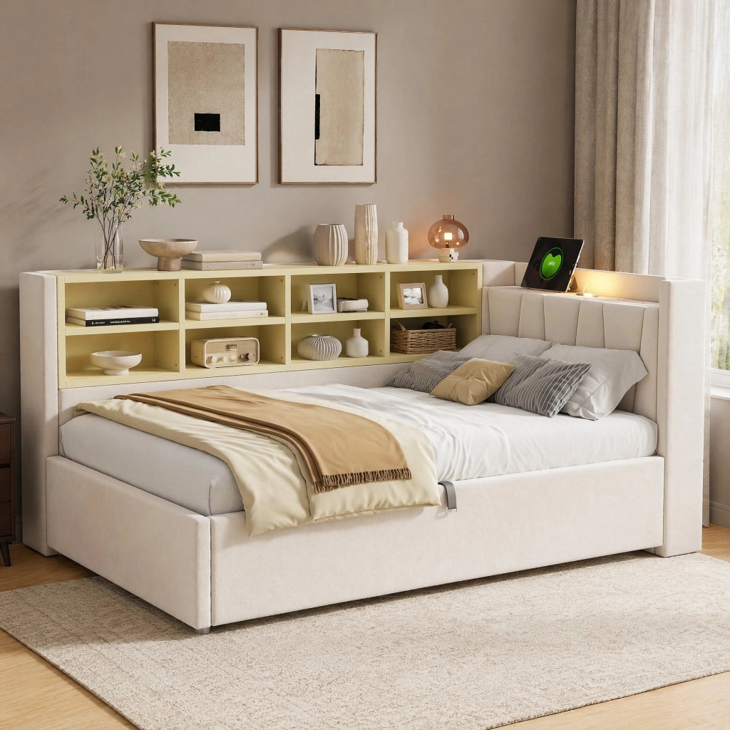 LETTO Contenitore 90x200 cm in Velluto Beige con testiera multifunzione