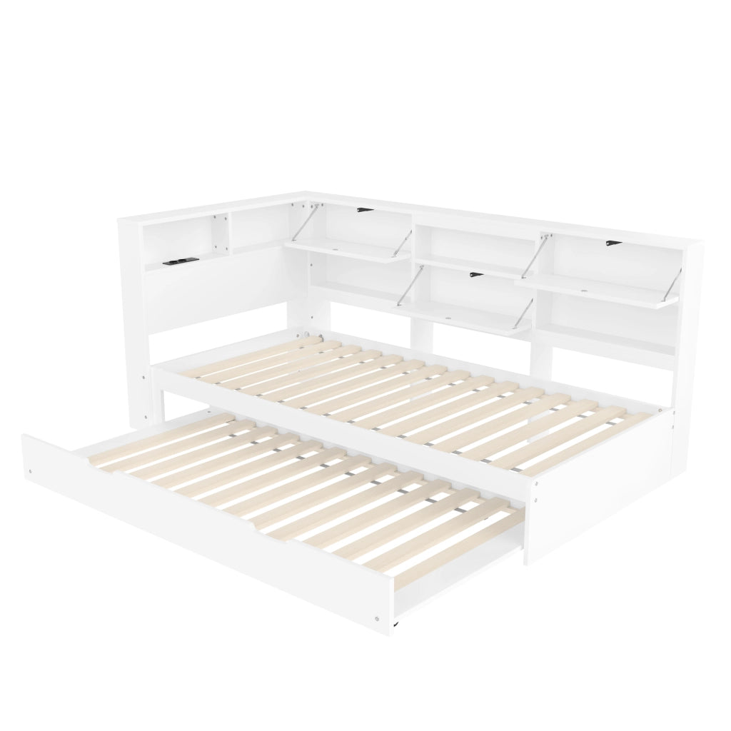 OKWISH Letto a Scomparsa 90×200 cm, Letto Singolo con Letto estraibile, USB, Type C e Contenitore, senza Materasso, Bianco