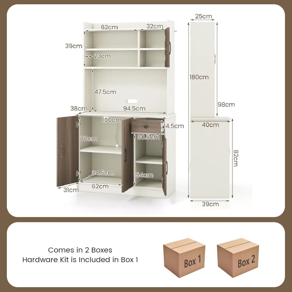 Armadio da cucina da 180 cm, con piano di lavoro, armadietto alto da cucina, armadietto con 4 ripiani regolabili, armadietto multiuso