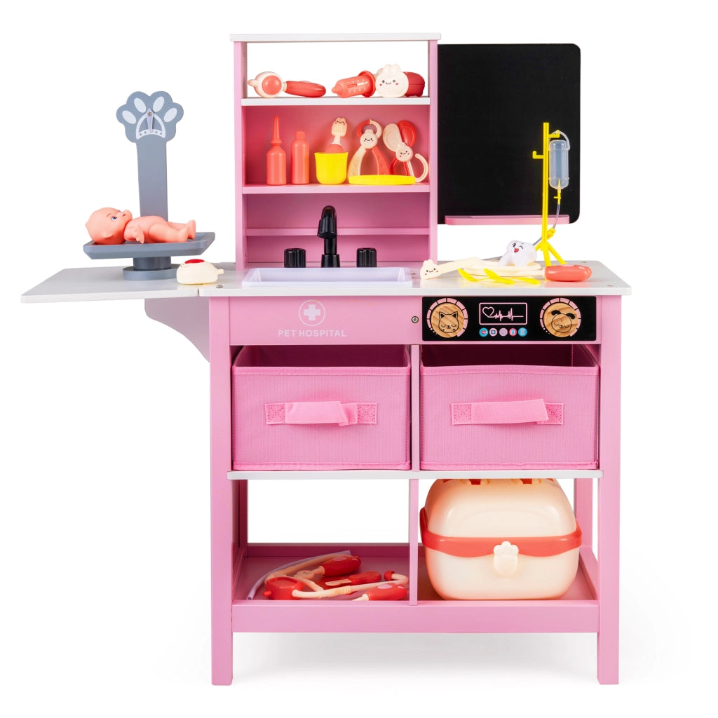 Set gioco medico legno centro medico lavagna bilancia animali rubinetto lavandino, Set ospedale tavolo pieghevole cassetti valigetta accessori Rosa