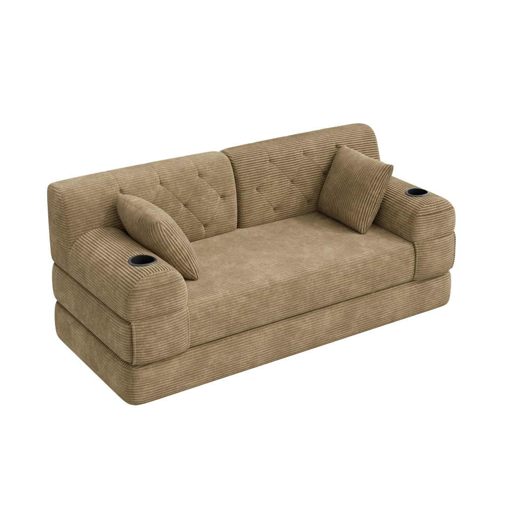 Divano letto 2 posti con 4 tasche e 2 portabicchieri in velluto a coste Khaki 168 × 80 × 81 cm