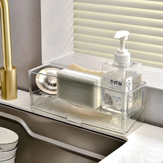 Organizzatore per vasca da bagno e cucina con apertura a spina, resistente alla ruggine, con supporto per spugna, trasparente, con rubinetto di scarico, set di spugne, set di guanti e contenitore per asciugamani.