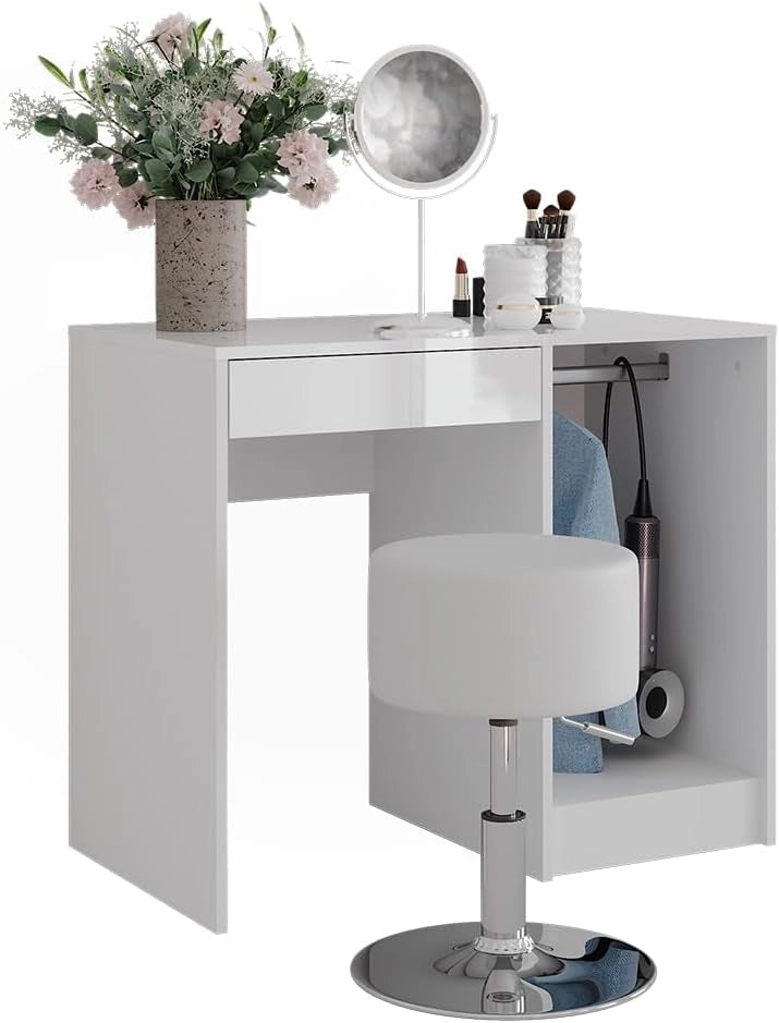 Tavolo da toeletta Sherry, Bianco/bianco lucido, 89.8 cm con sgabello