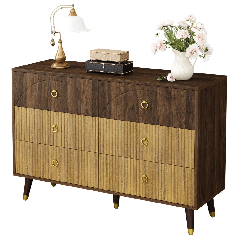 Credenza 120x40x81 cm con 6 cassetti; stile vintage; MDF e pannello truciolare; naturale